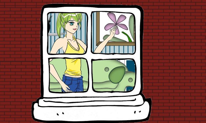 mujer joven asomada a ventana